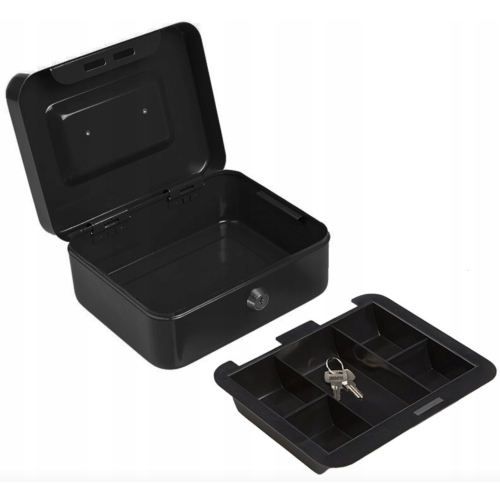 KASETKA METALOWA SEJF NA PIENIĄDZE KLUCZ DOKUMENTY 2 KLUCZE 16 x 20 CZARNA