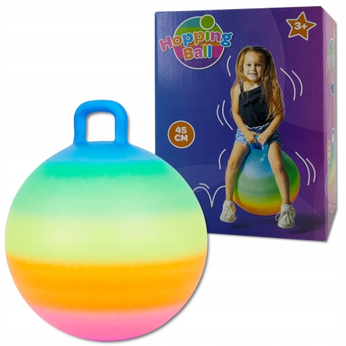 Piłka do skakania skacząca + uchwyt dla dzieci pompowana duża 45 cm Tęczowa