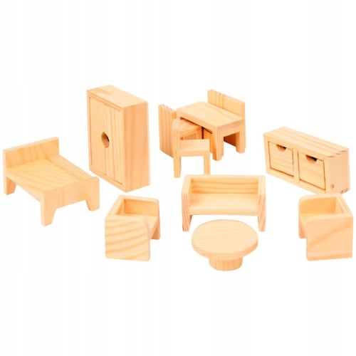 Drewniane meble mebelki salon łóżko do domku dla lalek Hobby Flora 12 pcs