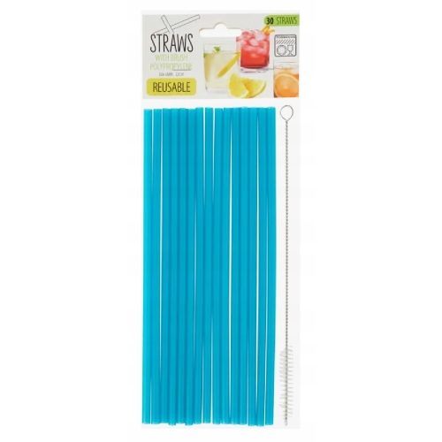 SŁOMKI DO NAPOJÓW DRINKÓW WIELORAZOWE TWORZYWO 30 SZT WYCIOR DO MYCIA BLUE