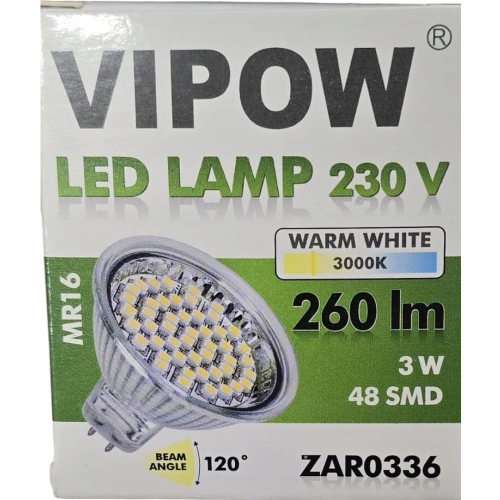 ŻARÓWKA 260 LUMENÓW 3w 48 led VIPOW CIEPŁA BIAŁA MR16 ZAR0336 JAKOŚĆ