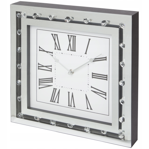 Zegar ścienny szklany z diamentami STYL GLAMOUR 34 x 34cm NA BATERIE silver