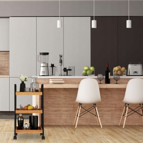 Wózek bambusowy obrotowe kółka 3 poziomy metalowy czarny 83,5 x 44,5 x 33,5