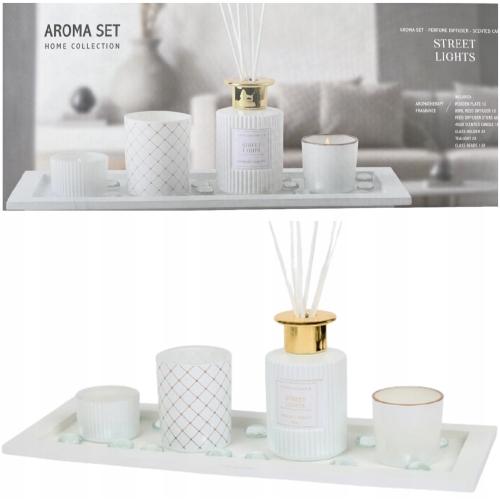 ZESTAW ZAPACHOWY AROMA SET STREET LIGHT DYFUZOR ŚWIECA KAMYCZKI NA TACCE