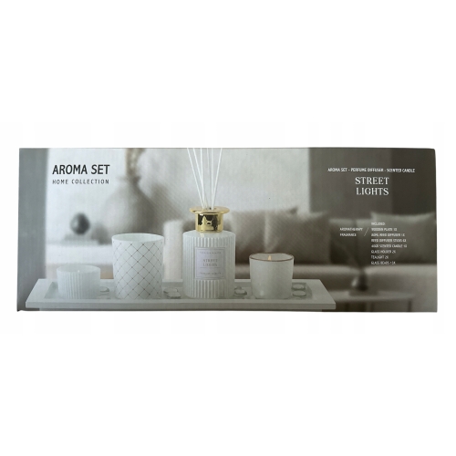 ZESTAW ZAPACHOWY AROMA SET STREET LIGHT DYFUZOR ŚWIECA KAMYCZKI NA TACCE