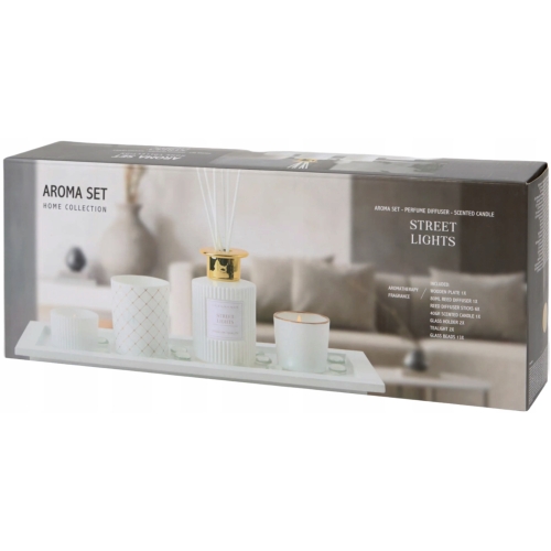 ZESTAW ZAPACHOWY AROMA SET STREET LIGHT DYFUZOR ŚWIECA KAMYCZKI NA TACCE