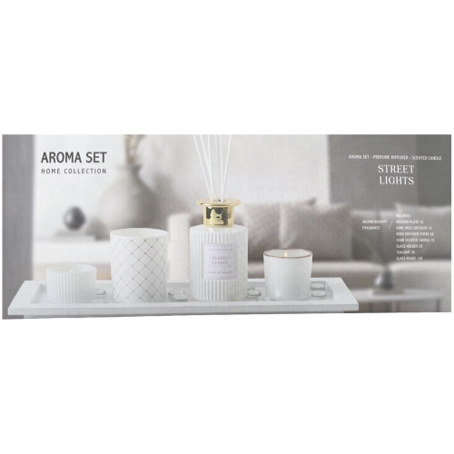 ZESTAW ZAPACHOWY AROMA SET STREET LIGHT DYFUZOR ŚWIECA KAMYCZKI NA TACCE