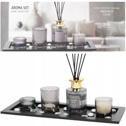 ZESTAW ZAPACHOWY AROMA SET STREET LIGHT DYFUZOR ŚWIECA KAMYCZKI TACKA BLACK
