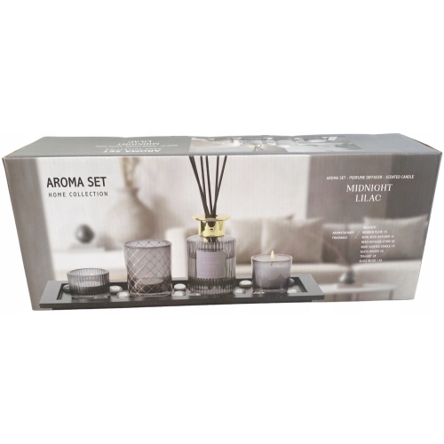 ZESTAW ZAPACHOWY AROMA SET STREET LIGHT DYFUZOR ŚWIECA KAMYCZKI TACKA BLACK