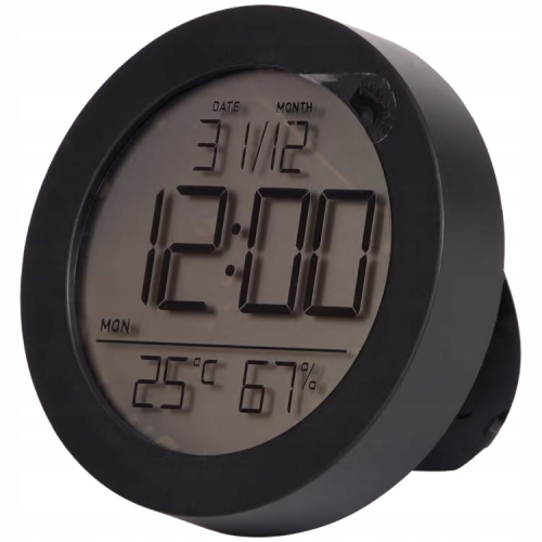 TERMOMETR HIGROMETR WEWNĘTRZNY ZEGAREK DATA LCD OKRĄGŁY CZARNY NOR-TEC