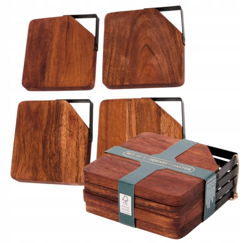DREWNIANE PODSTAWKI POD SZKLANKI KUBEK KUFEL ZESTAW 4 SZTUK DREWNO METAL
