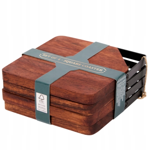 DREWNIANE PODSTAWKI POD SZKLANKI KUBEK KUFEL ZESTAW 4 SZTUK DREWNO METAL