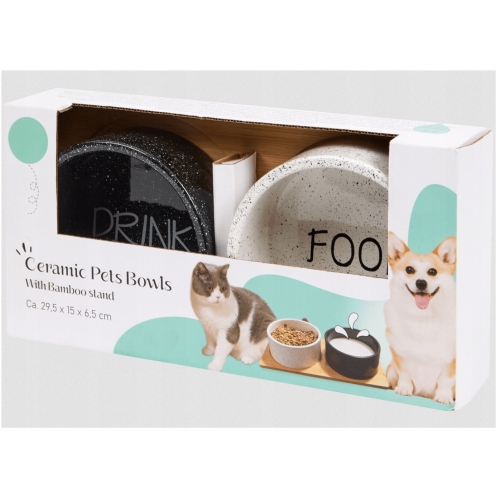 Miska na wode DRINK karmę FOOD ceramiczna + taca Bambusowa 2 x 500 ML