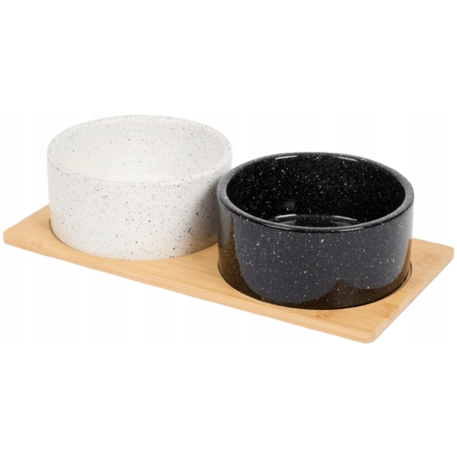 Miska na wode DRINK karmę FOOD ceramiczna + taca Bambusowa 2 x 500 ML