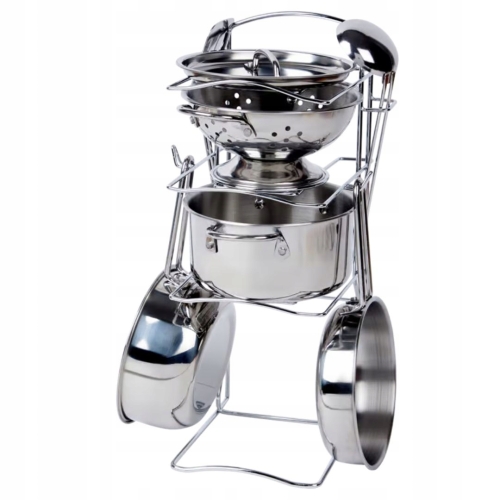 Zabawkowy metalowy zestaw do gotowania patelnie garnki stojak 8 elementów