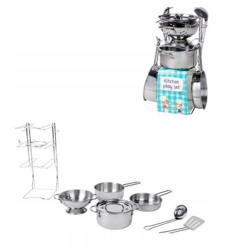 Zabawkowy metalowy zestaw do gotowania patelnie garnki stojak 8 elementów