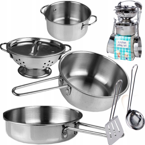Zabawkowy metalowy zestaw do gotowania patelnie garnki stojak 8 elementów