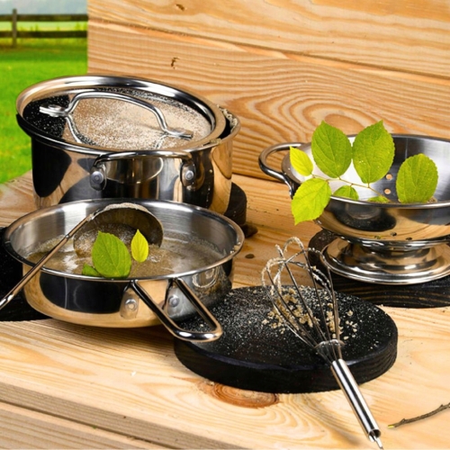 Zabawkowy metalowy zestaw do gotowania patelnie garnki stojak 8 elementów