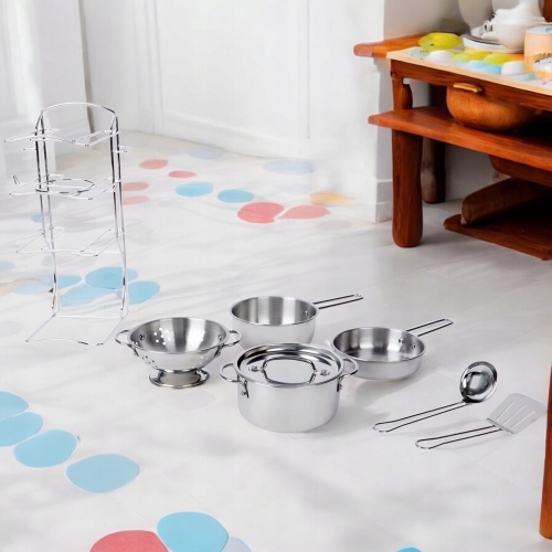 Zabawkowy metalowy zestaw do gotowania patelnie garnki stojak 8 elementów