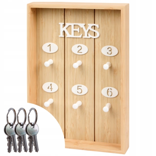 WISZĄCA SZAFKA NA KLUCZE 6 HAKÓW CYFRY SKRZYNKA 30x20 cm DREWNO BRĄZ KEYS