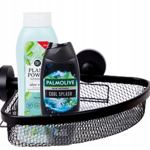 Półka łazienkowa narożna pod prysznic czarna metalowa siatka przyssawki