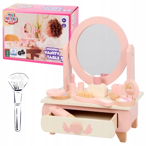 Drewniana Toaletka biurkowa stojąca akcesoria szminka krem perfumy lusterko