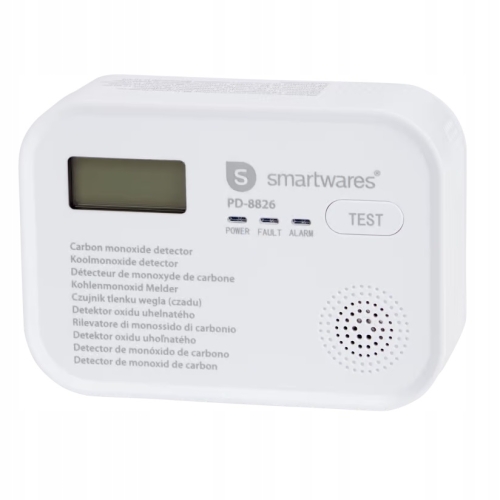 ŚCIENNY CZUJNIK CZADU DETEKTOR TLENKU WĘGLA CO LCD SMARTWARES ATEST CE