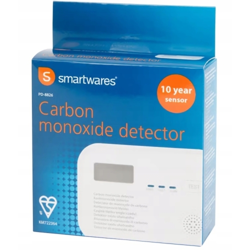 ŚCIENNY CZUJNIK CZADU DETEKTOR TLENKU WĘGLA CO LCD SMARTWARES ATEST CE