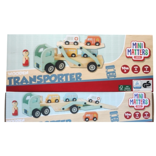 Samochód drewniany Mini Matters 4 autka figurka ciężarówka laweta składana