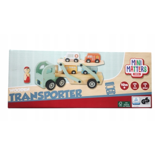 Samochód drewniany Mini Matters 4 autka figurka ciężarówka laweta składana