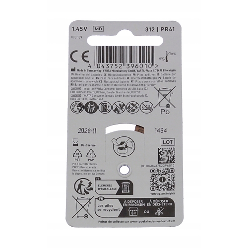 BATERIA DO APARATÓW SŁUCHOWYCH OKRĄGŁE Varta 312 6 sztuk 1.45 V PR41