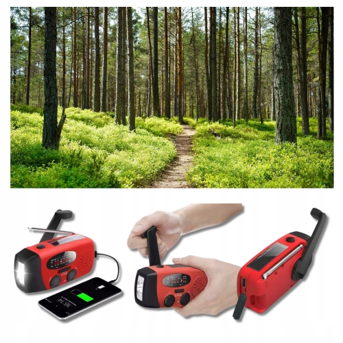 Radio Solarne Awaryjne na korbkę 3w1 Solar Crank powerbank latarka RED