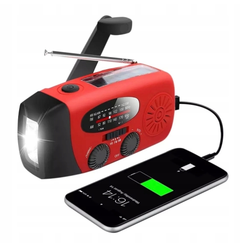Radio Solarne Awaryjne na korbkę 3w1 Solar Crank powerbank latarka RED