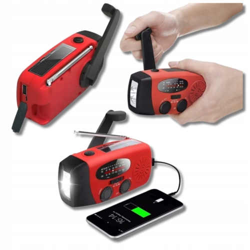 Radio Solarne Awaryjne na korbkę 3w1 Solar Crank powerbank latarka RED
