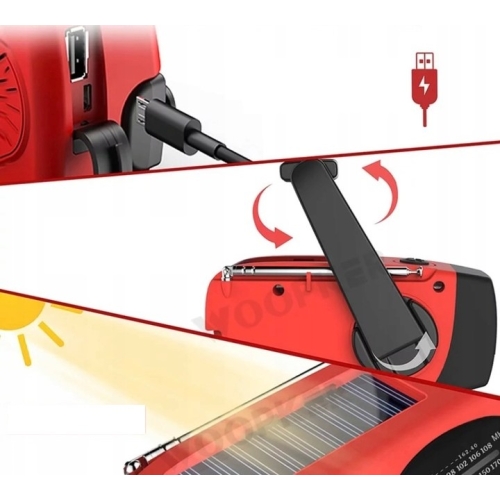 Radio Solarne Awaryjne na korbkę 3w1 Solar Crank powerbank latarka RED