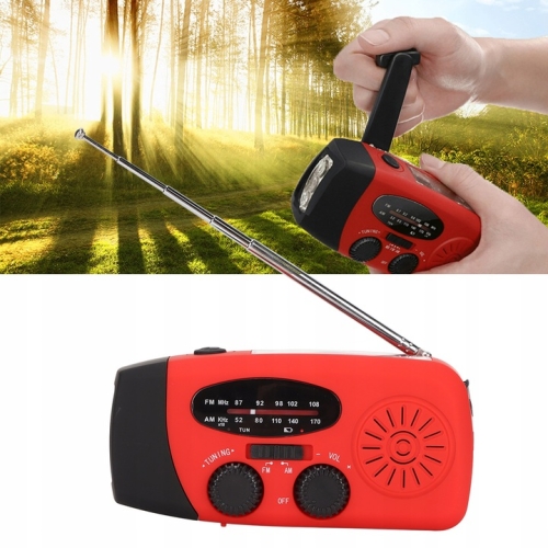 Radio Solarne Awaryjne na korbkę 3w1 Solar Crank powerbank latarka RED