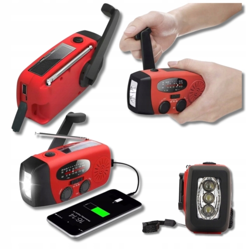Radio Solarne Awaryjne na korbkę 3w1 Solar Crank powerbank latarka RED
