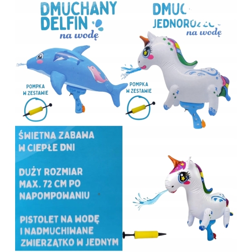 DMUCHANY JEDNOROŻEC + DELFIN 2x PISTOLET NA WODĘ ZABAWKI NA ŚMINGUS DYNGIUS