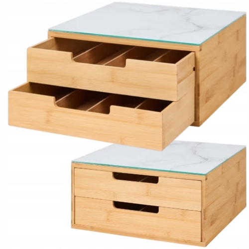 ORGANIZER KAWA HERBATA BAMBUSOWY SZKLANY BLAT 30 cm 2 SZUFLADY JASNY MARMUR