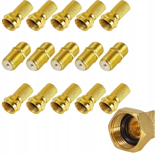 Złączki kabla antenowego nakręcane 5 x Beczki + 10 x Wtyk F gumki gold