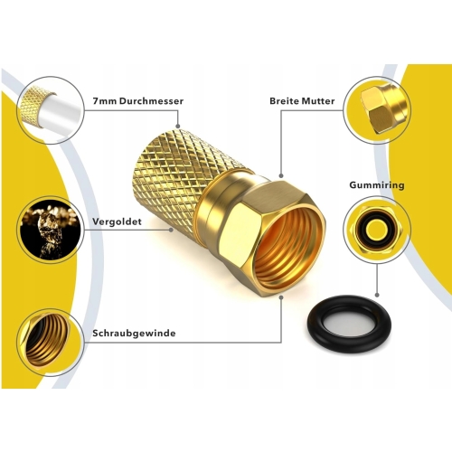 50 x Wtyk F Złączki kabla antenowego RG6 nakręcane + gumki gold